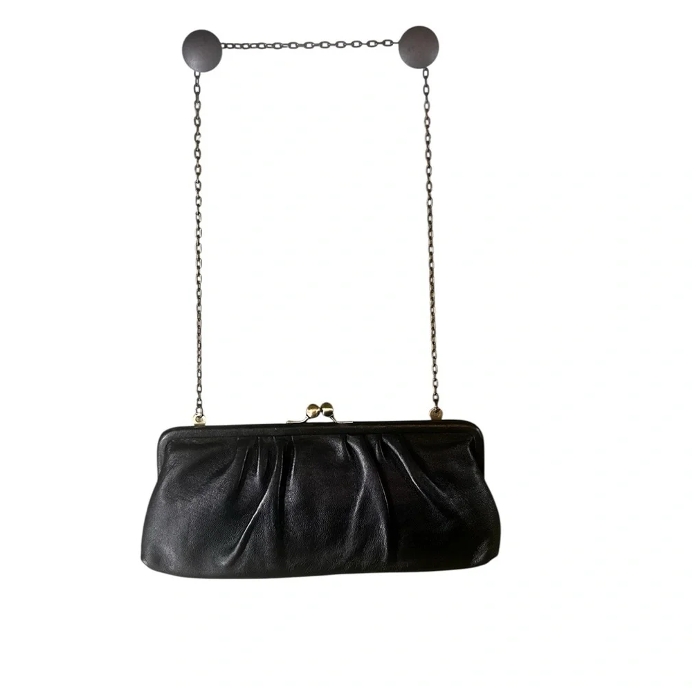 Chic Black Leather Clutch shoulder bag kiss close chain minimalist quiet wealth